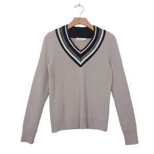 Tory Burch Merino Wool Sweater Womens XS Beige Rhinestones Sequin V-Neck Casual